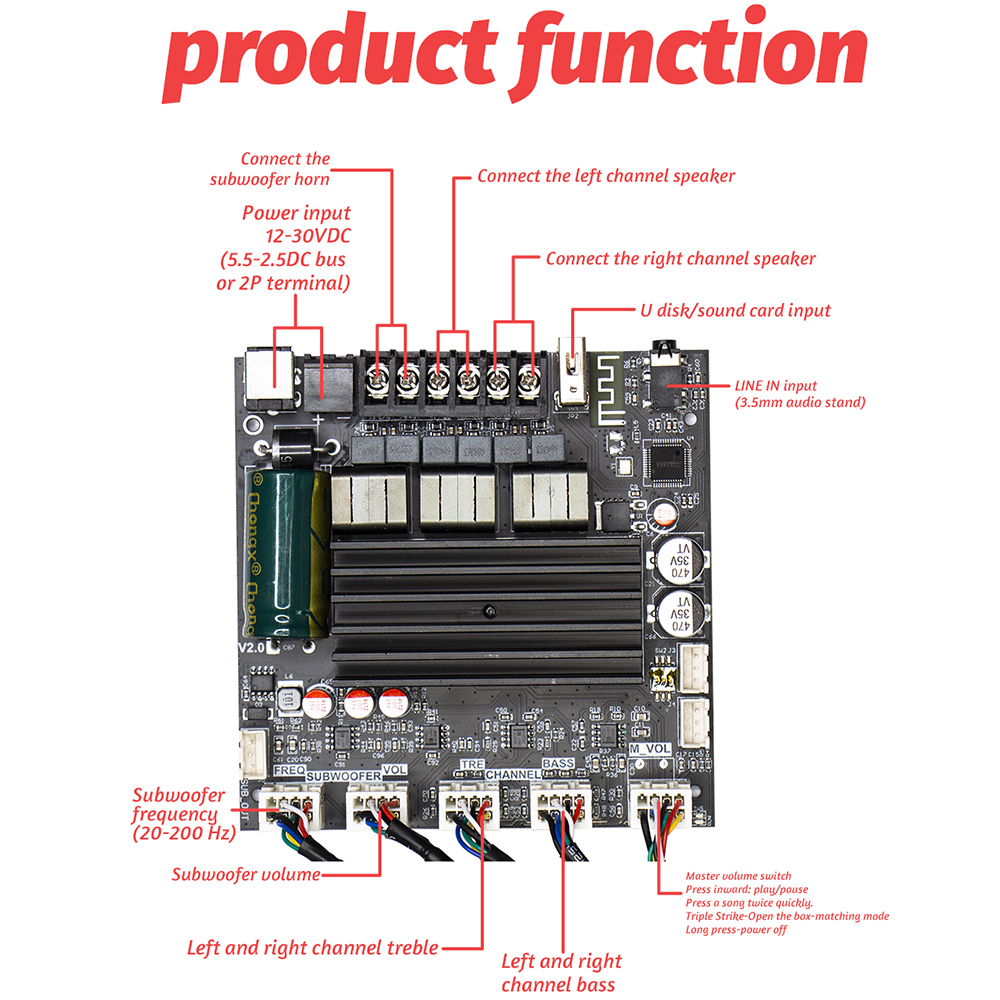 Placa amplificadora de potência Bluetooth de 2.1 canais ZK-ST21 100W + 100W + 200W/chip TPA3221/AUX/USB/controle APP/fiação externa
