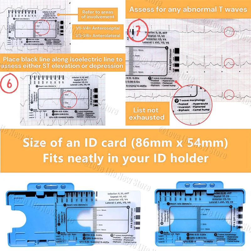 ECG 7 Step Ruler, Ruler Card for ECG/EKG Interpretation, Portable Pocket ECG EKG Reference Guide with Sheath, Emergency tool