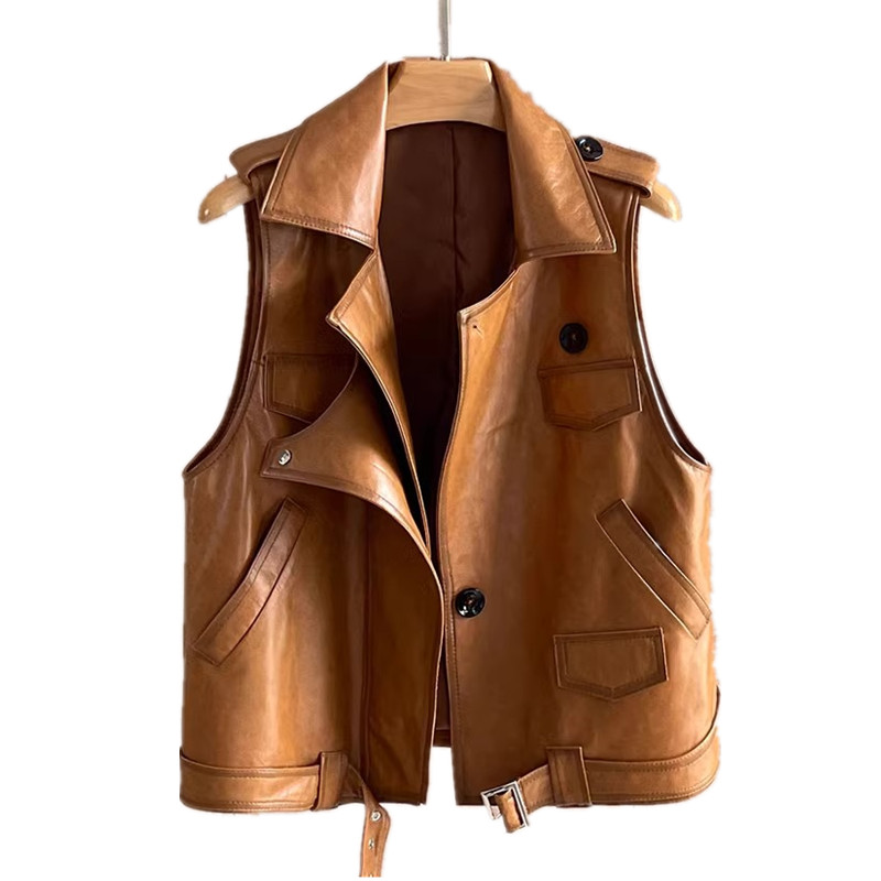 Women's Leather Vest, Sheepskin Vest, Suit Collar, Short Design, Genuine Leather Vest, Spring And Autumn