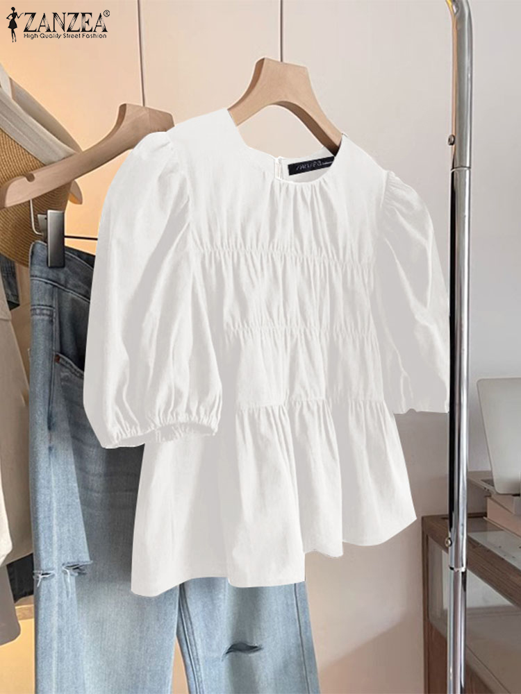 ZANZEA Frauen Sommer Tops Kurzarm Bluse 2025, lässig, einfarbig, Tunika, weiblich, Rüschen, Rundhalsausschnitt, plissiert, Blusas, übergroß