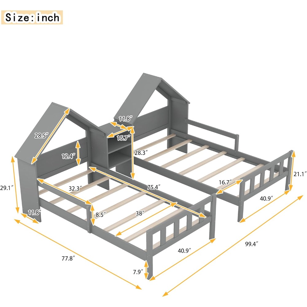 SOFTSEA Double Twin Bed Frame for Kids, Twin House Bed with Nightstand, Double Bed Frame House