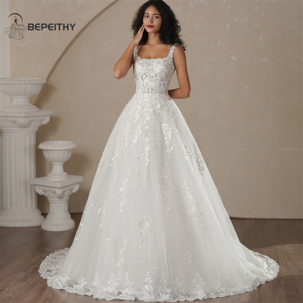 BEPEITHY Maßgeschneiderte Strand-Spitze-Hochzeitskleider 2025, für Frauen, rückenfrei, A-Linie, Hofzug, sexy, ärmellos, Braut, Boho-Brautkleid