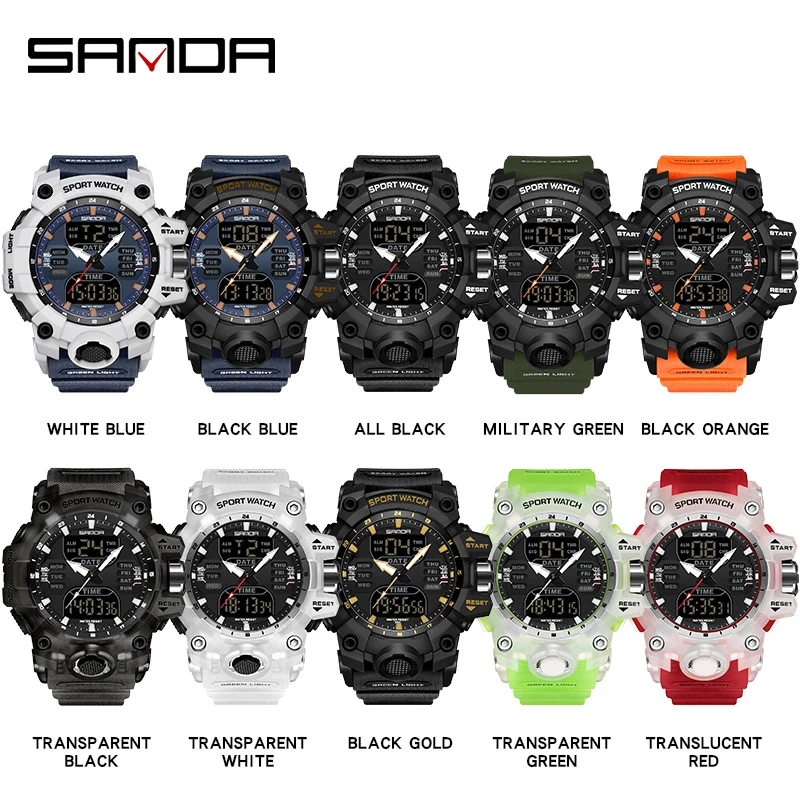 SANDA-reloj electrónico de lujo estilo G para hombre, cronógrafo Digital analógico LED para deportes al aire libre, pantalla Dual militar, resistente al agua hasta 50M