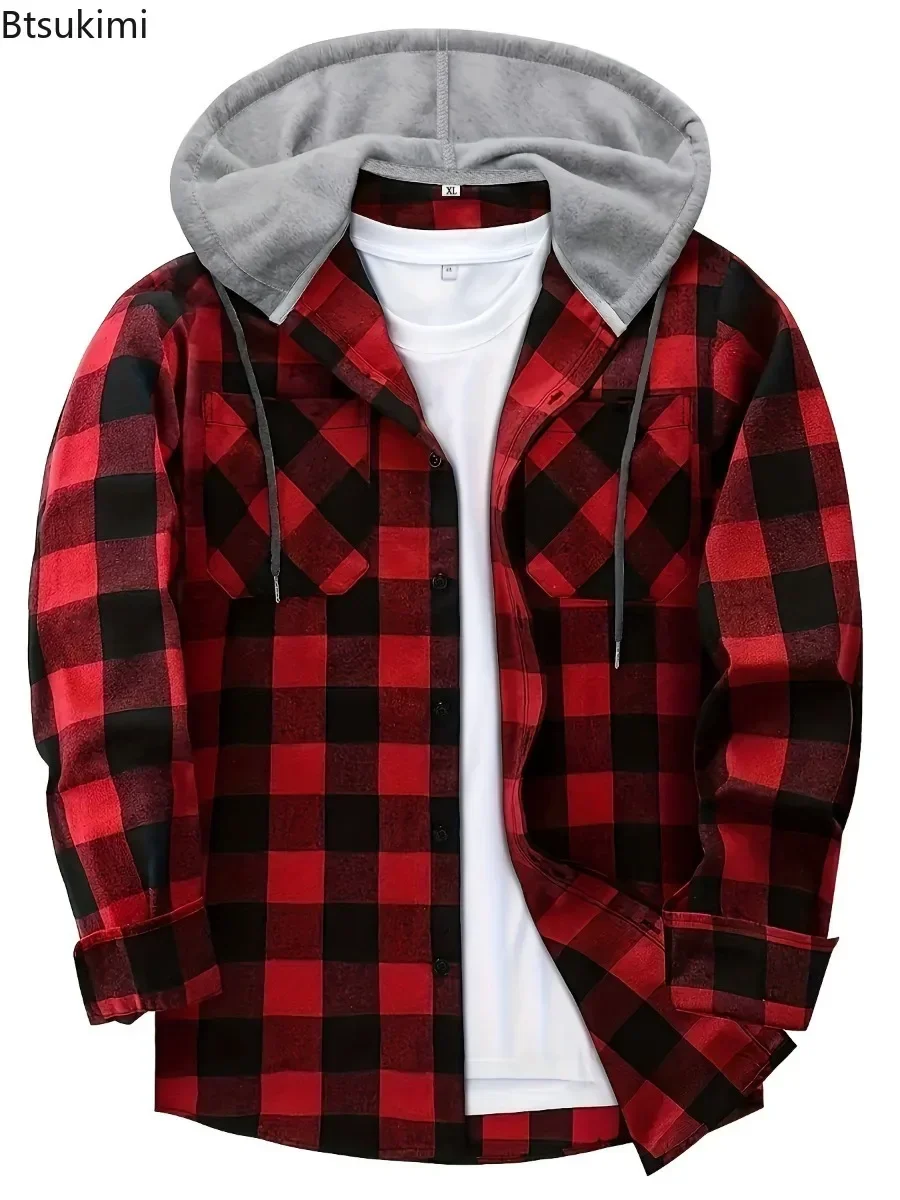 Frühling Herbst männer Plaid Shirts Lose Beiläufige Lange Ärmel Hemd Jacken Mode Mit Kapuze Strickjacke Mäntel Einfache Sport Tops für männer