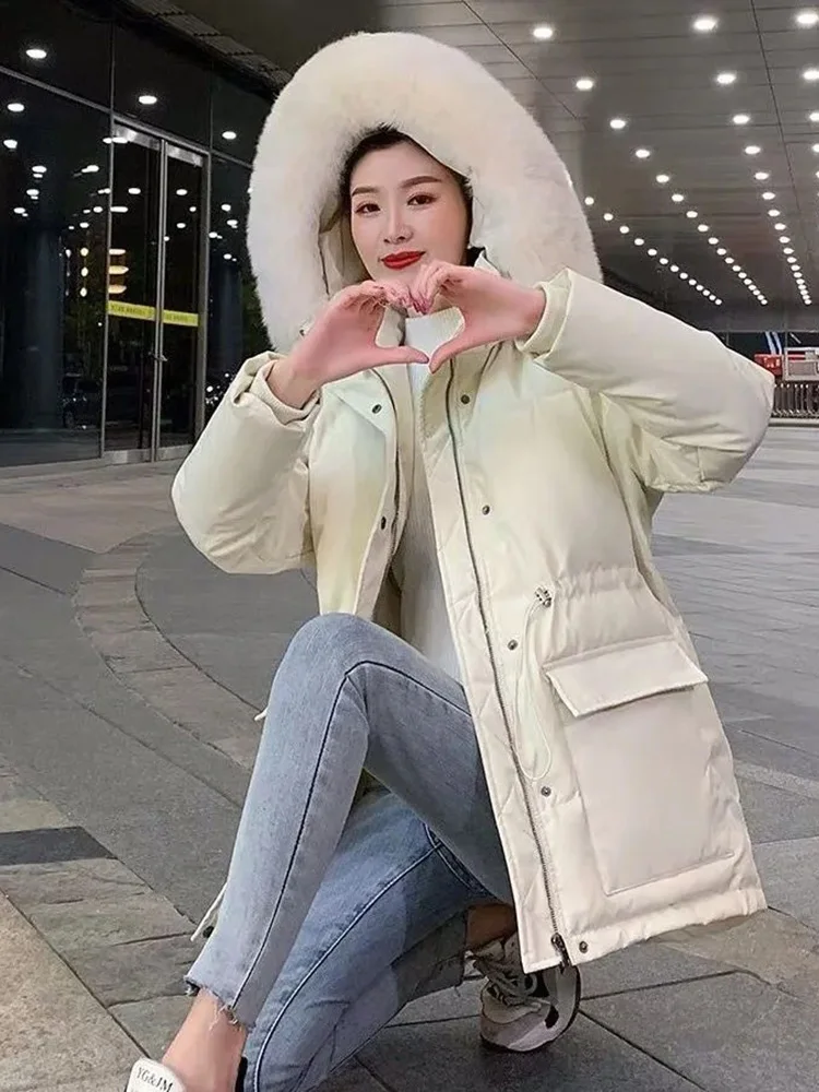 Hiver mince rose rembourré manteau fausse fourrure col à capuche Parkas coréen grande taille coton Jaqueta taille cordon Midi longueur vestes
