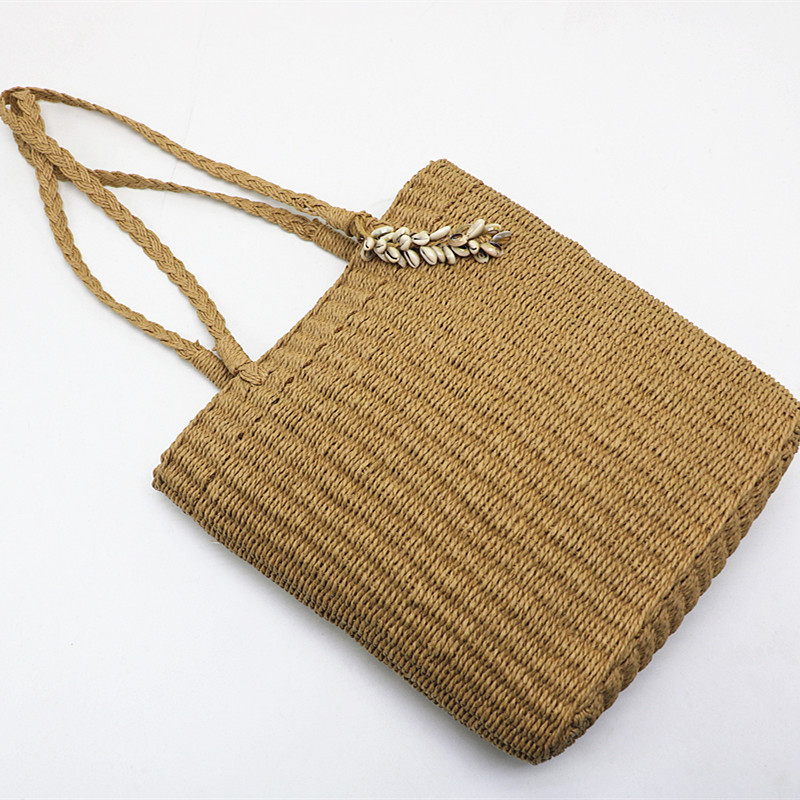 Saco tecido de ombro único tecido de palha quadrada Shell, bolsa grande cor camelo