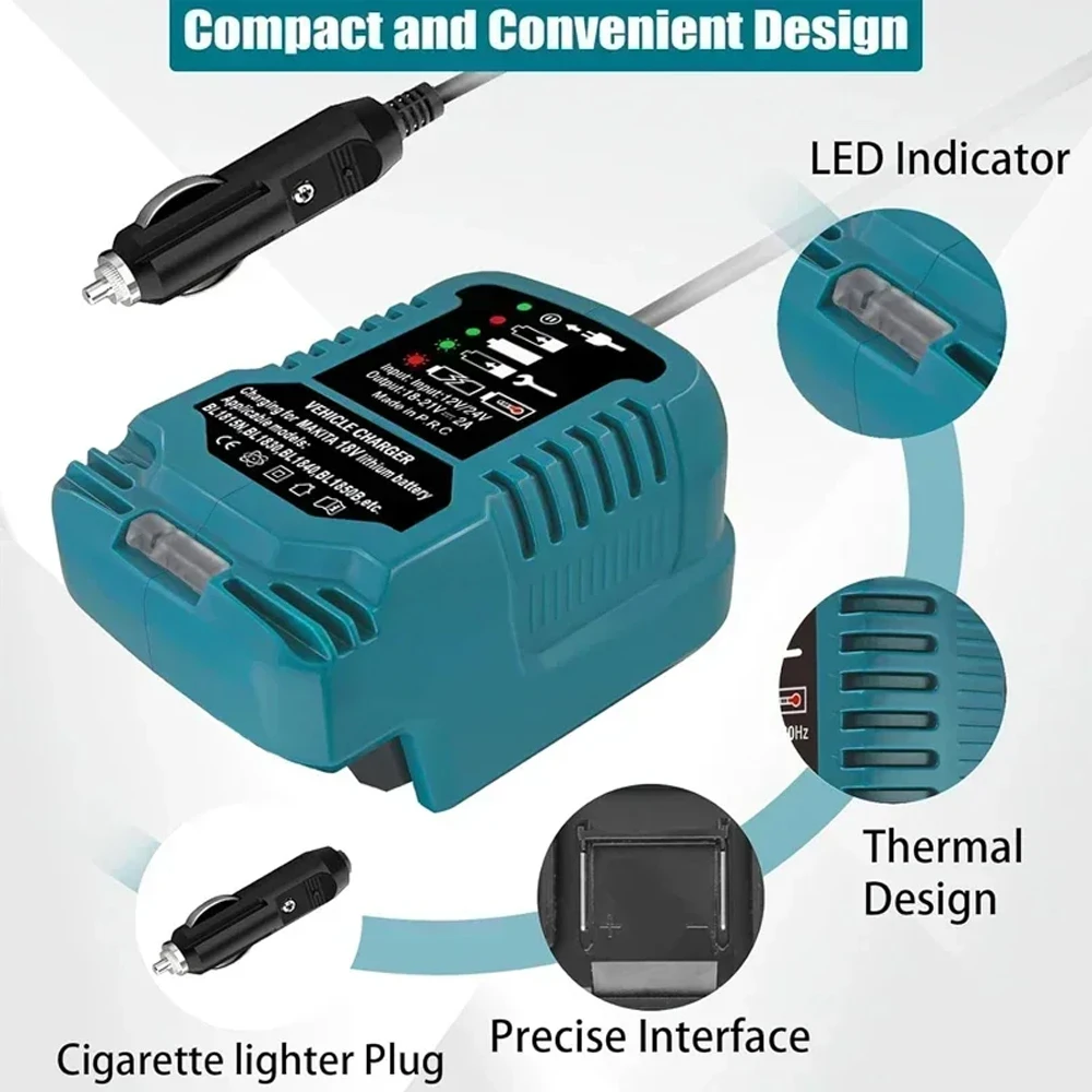 업그레이드된 DC 12V/24V 리튬 이온 배터리 미니 컴팩트 차량용 충전기 시가 라이터 플러그 LED 포함 마키타 18V LXT 배터리용