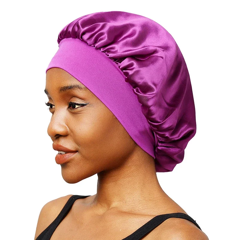 Cappello da notte a tesa larga in raso solido da donna nuovo Cappello da notte unisex con fascia elastica avvolgente per la cura dei capelli Cappello da notte cofano de nuit
