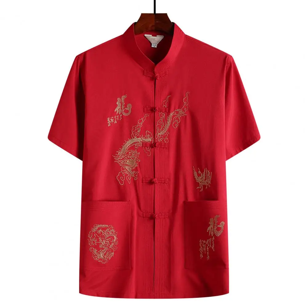 Camisa china de Kung Fu, camisa Vintage con bordado de dragón chino, cuello levantado, traje de manga corta, camisas de ropa Wing Chun