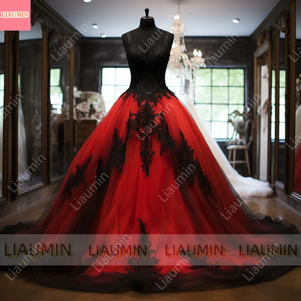 Roter Tüll mit schwarzer Spitze und Randapplikation, V-Ausschnitt, Ballkleid in voller Länge, Schnür-Abendkleid für formelle Anlässe, elegant, individuell gestaltet W3-9