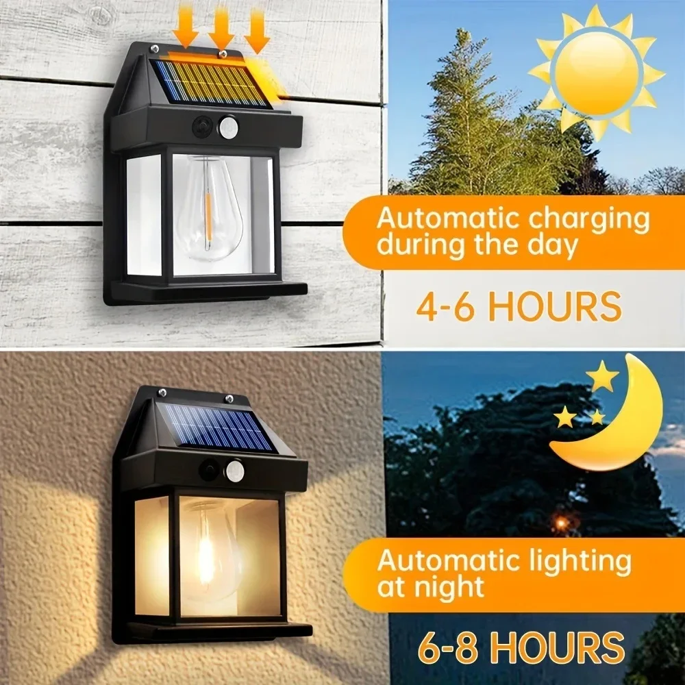 Lampada da notte solare al tungsteno Lampada da parete con sensore di movimento intelligente 3 modalità di illuminazione Lanterna impermeabile per decorazione del giardino del cortile