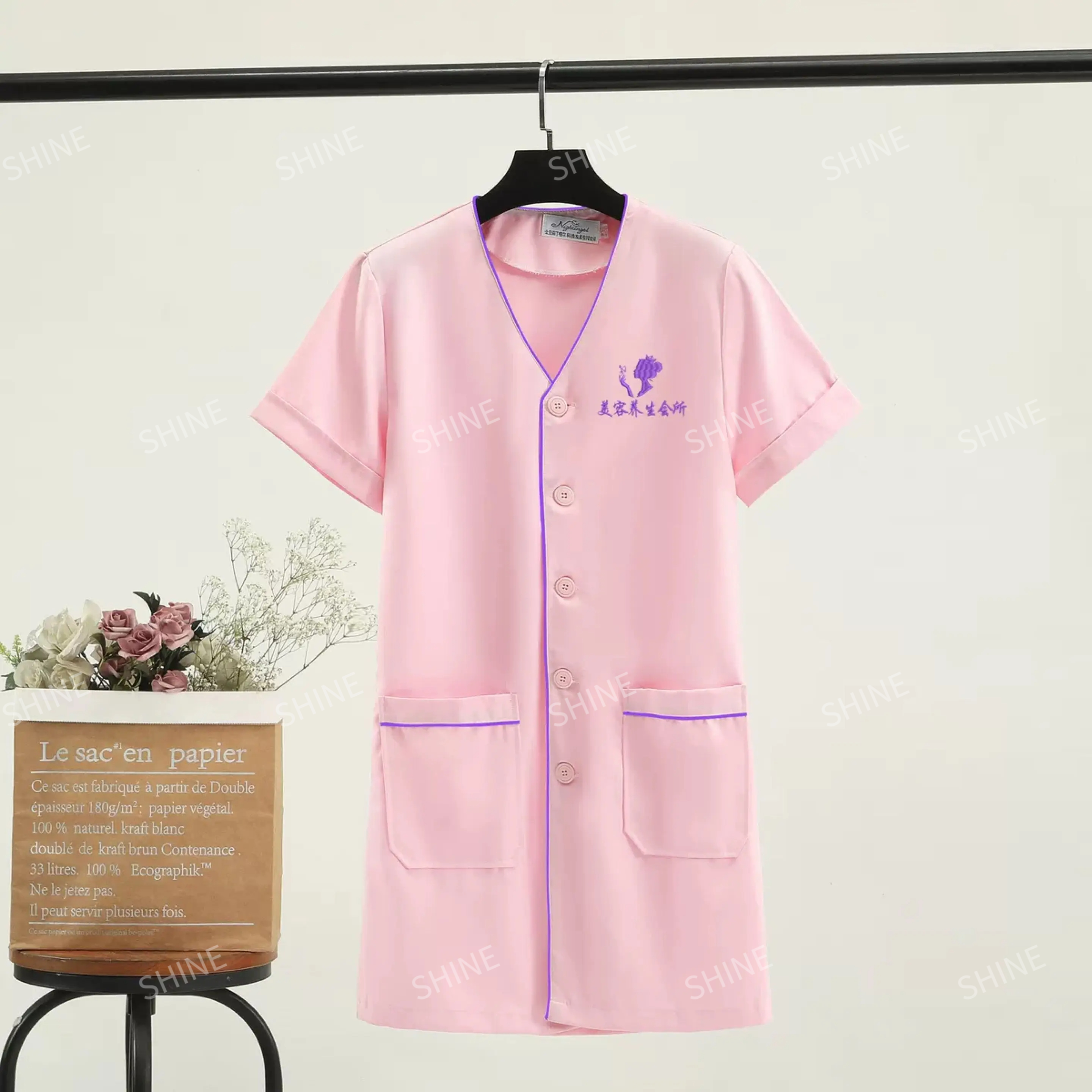Tops cortos negros de esteticista, uniforme de belleza, vestido de spa, uniforme exfoliante blanco de talla grande, ropa de aseo para salón, bata de laboratorio con logo