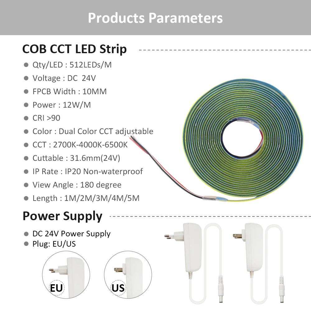 DC 24V CCT COB LED Strip Light Dimmable 608LEDs/m High Brightness RF Remote Kit Double White Flexible Tape Lamp Linear Lighting
