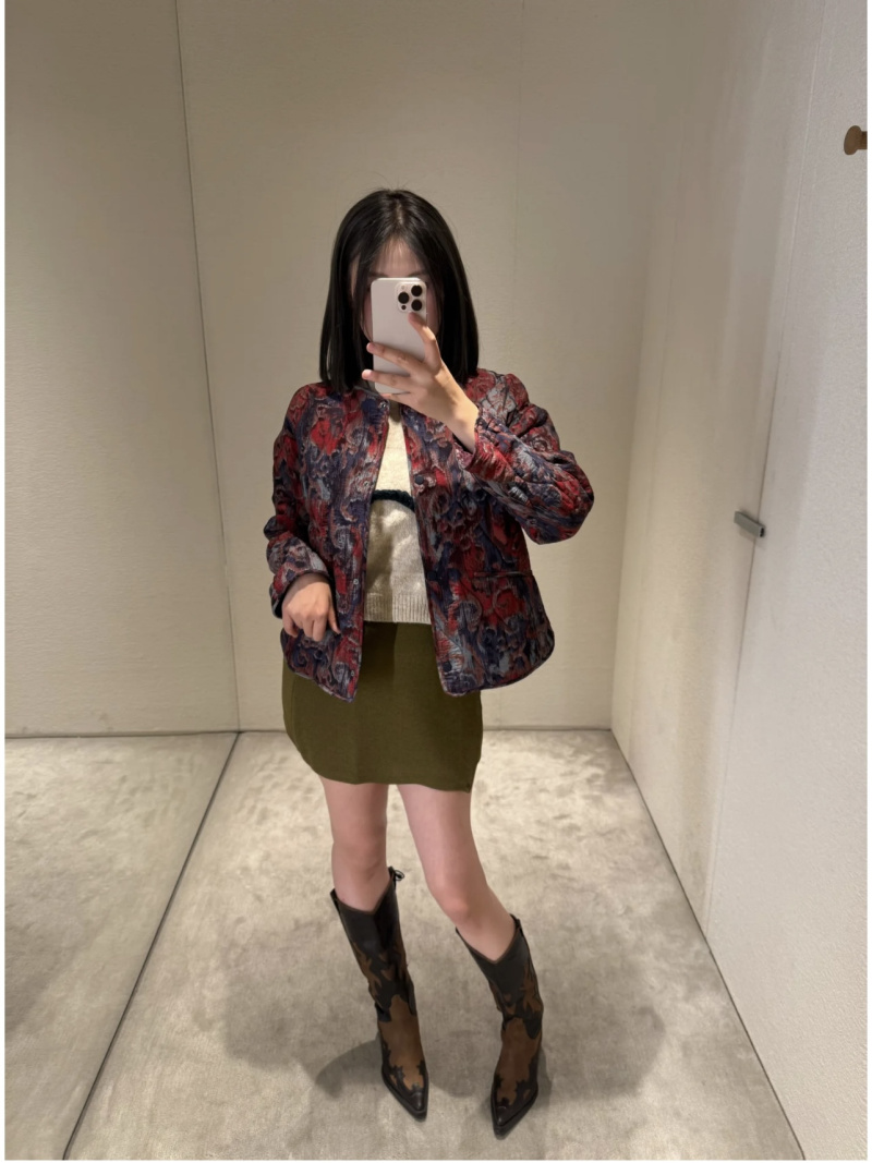 ETJ 2025 Coleção feminina de primavera elegante moda estampa solta edição vintage gola redonda jaqueta acolchoada de algodão