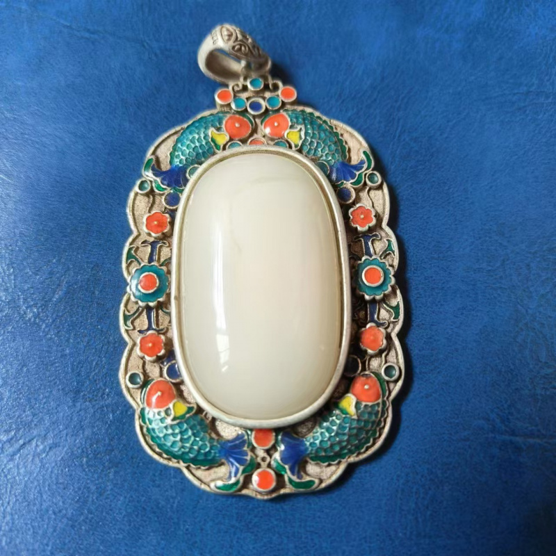 Antique Miscellaneous Vintage Retro Tibetan Silver Inlaid Cloisonné White Jade Square Pendant Hanging Ornament Craft
