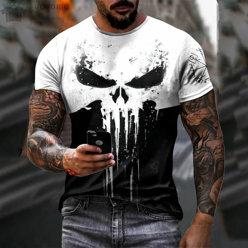 Camiseta con estampado 3d de calavera patriótica militar para hombre, camiseta con cuello redondo, camiseta de gran tamaño, camiseta de manga corta, ropa deportiva para hombre