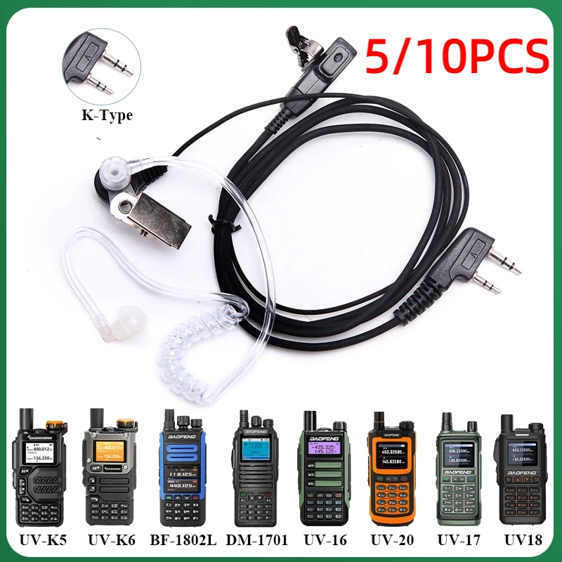 5 pçs tubo acústico de ar fone de ouvido para walkie talkie baofeng rádio k porta fone ptt com microfone para UV-5R 888s guarda fones de ouvido