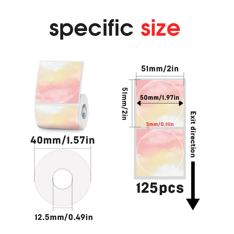 2 Rolls Color Thermal Label Paper 50mm Wide Clouds Round Waterproof Labels Cute Handmade DIY Stickers Use for Thermal Printer