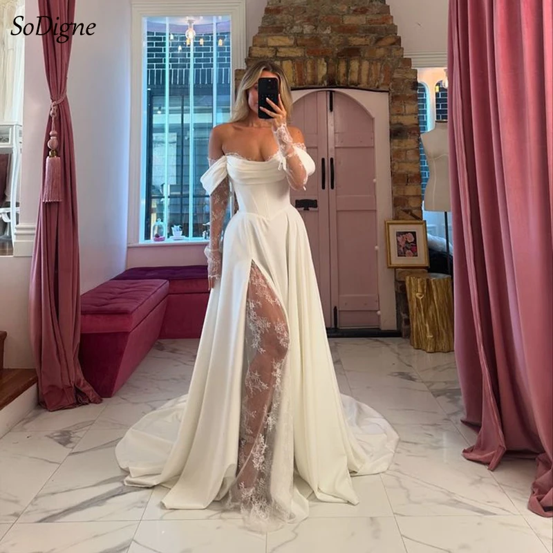 SoDigne Abiti da sposa a trapezio con spalle scoperte Manica lunga Abito da sposa in raso/pizzo Elegante abito da sposa abiti da sposa personalizzati