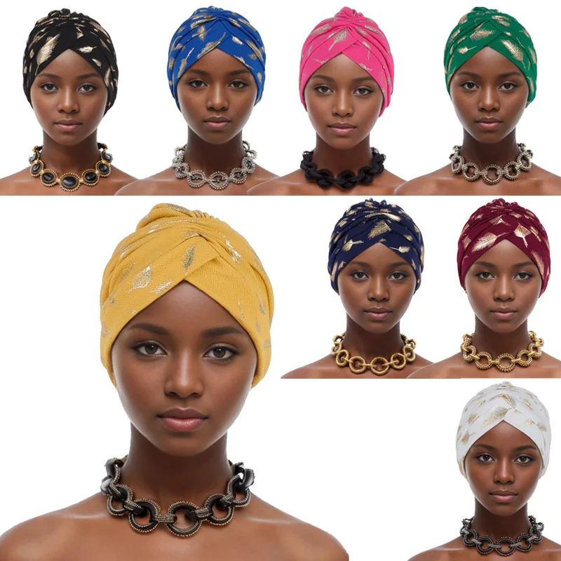 Pena ouro carimbo tecido turbante boné para mulheres africano envoltório cabeça bonnet muçulmano sob cachecol chapéu turbante mujer