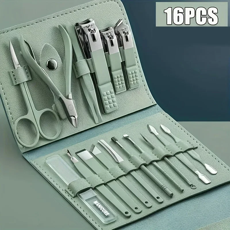 Juego de cortaúñas y pinzas para cutículas profesionales, 16 Uds., con estuche portátil de cuero, Idea de regalo, juego de manicura, función completa