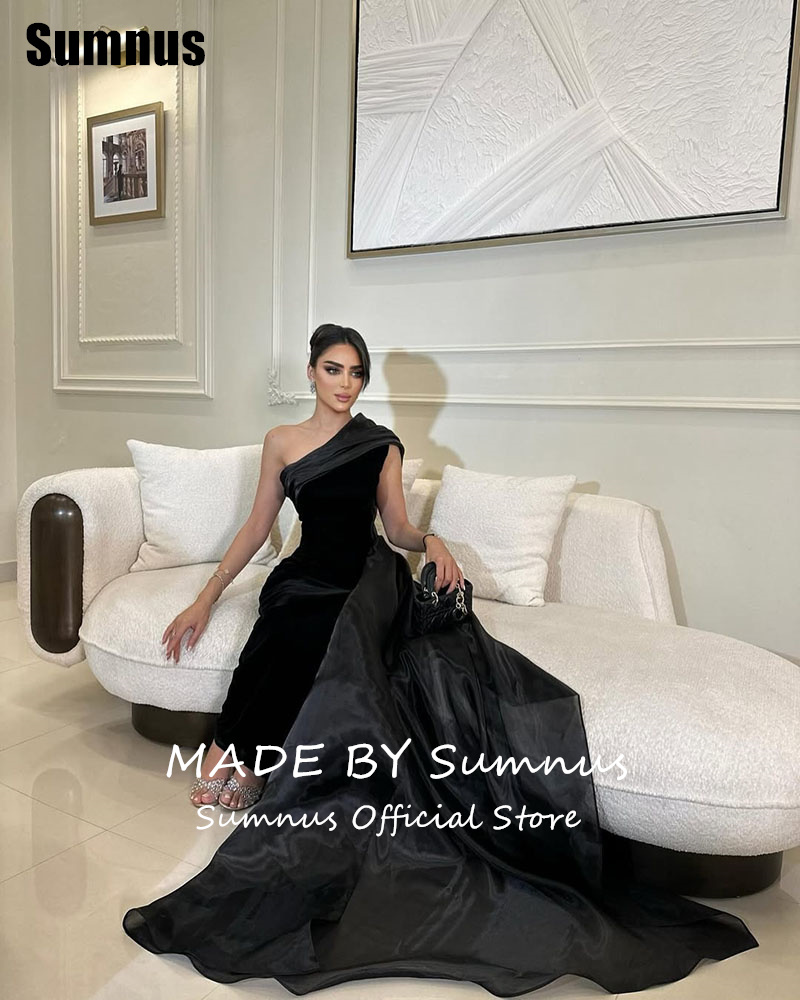 Sumnus Mermaid สีดํา Velour ชุดราตรี Elegant หนึ่งไหล่ชุดราตรียาวแขนกุด Gowns อย่างเป็นทางการที่กําหนดเอง