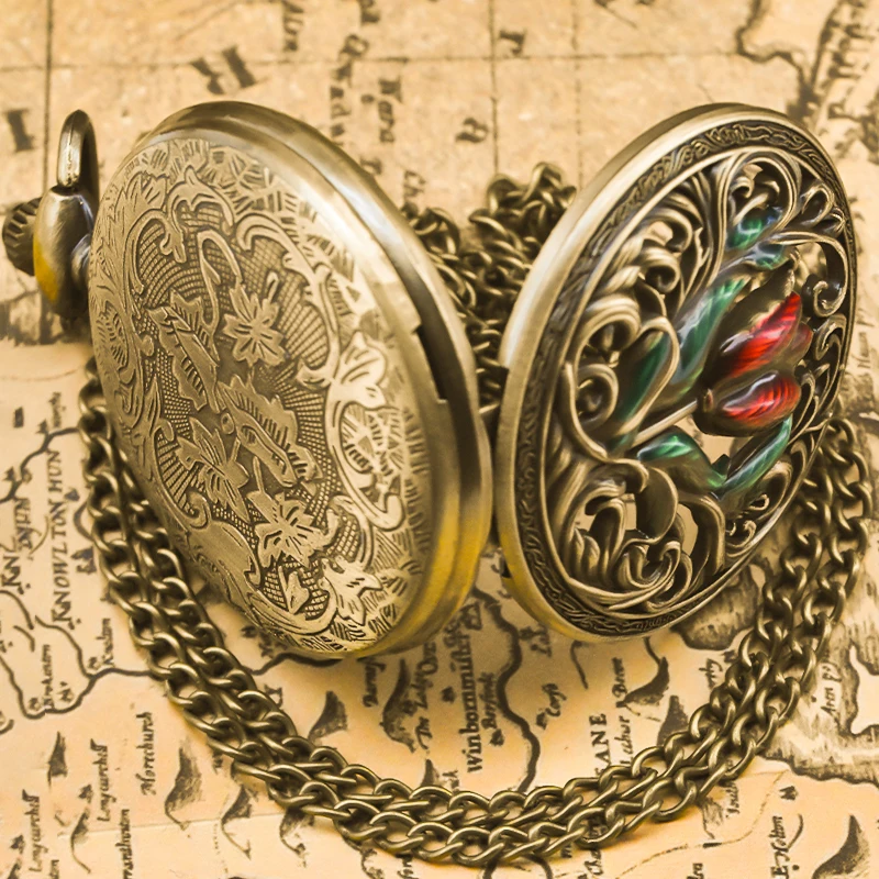 Retro Bronze Steampunk Blumenschnitzerei Flip-Top männliche und weibliche Studentin Geschenk Quarz Halskette Gedenktaschenuhr