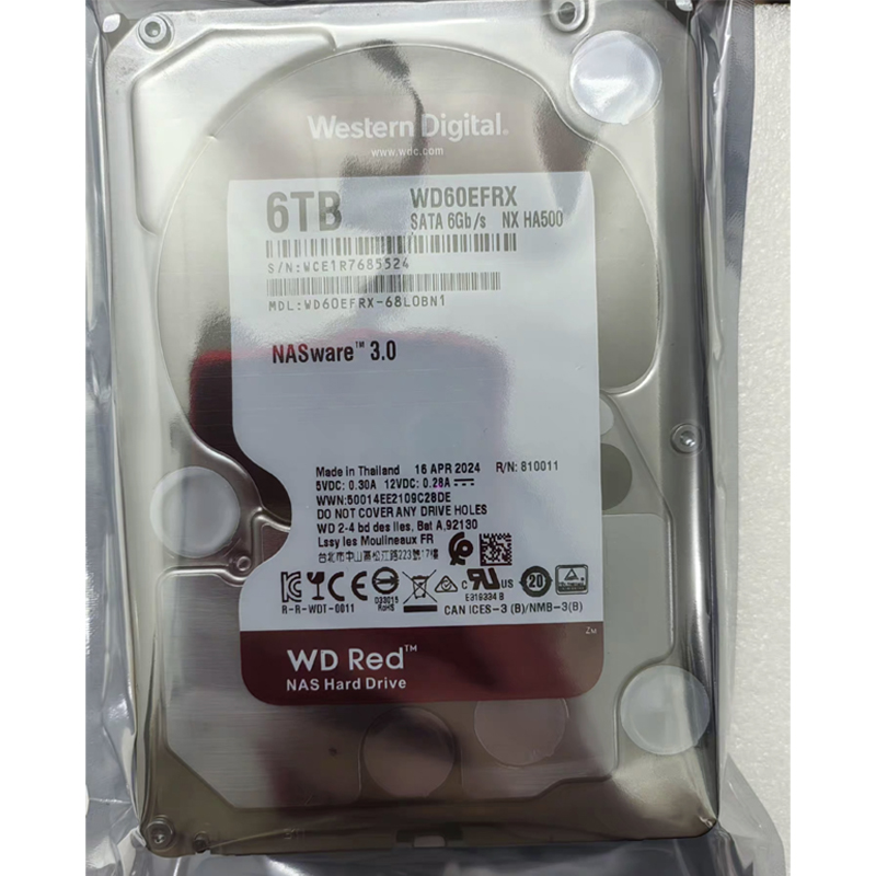 Модель WD Enterprise Red Disk 6T (WD60EFRX), тип интерфейса SATA, емкость 6 Гбит/с, кэш 6 ТБ, скорость 128 МБ, 5900