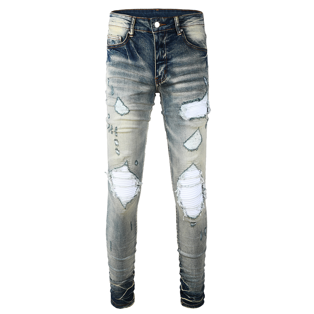 Мужские бледный светильник, синие байкерские джинсы, трещины, плиссированные Лоскутные Стрейчевые джинсы, уличная одежда, рваные обтягивающие брюки