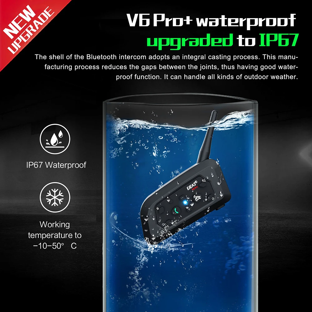 EJEAS V6 PRO +/PLUS Motorradhelm Bluetooth-Gegensprechanlage-Headset mit 800 m BT-Gegensprechkommunikator für 6 Fahrer wasserdicht