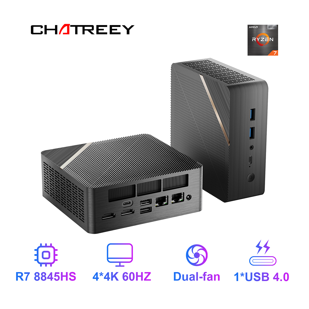 Chatreey AN4 Mini PC R7 8845HS 780M Computador de mesa para jogos com WiFi 6/Bluetooth 5.2/HDMI/USB 4.0