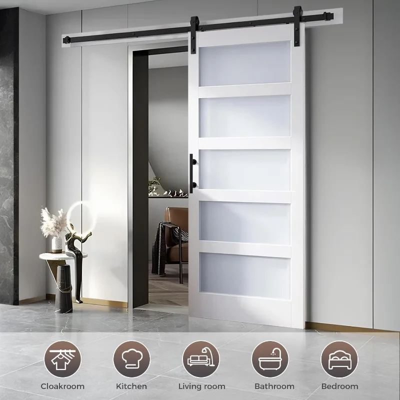 36 in x 84 in Glass Sliding MDF Barn Door with 6.6FT Sliding Door Hardware Kit, 5 Tempered Frosted Glass