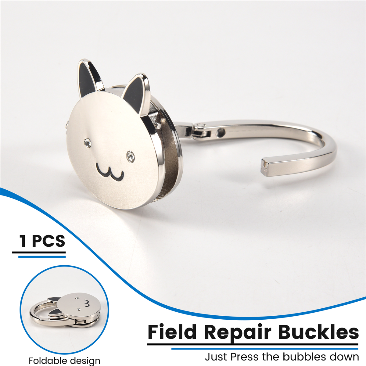 Newest Black Cat Cartoon Foldable Silver Tone Handbag Hook Antislip Rubber Base