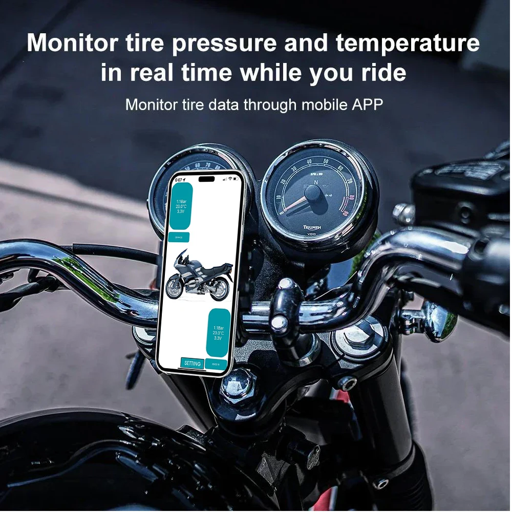 Sistema de supervisión de presión de neumáticos TPMS inalámbrico Bluetooth5.0 para motocicleta IP67 resistente al agua con 2 sensores externos compatible con Android/IOS