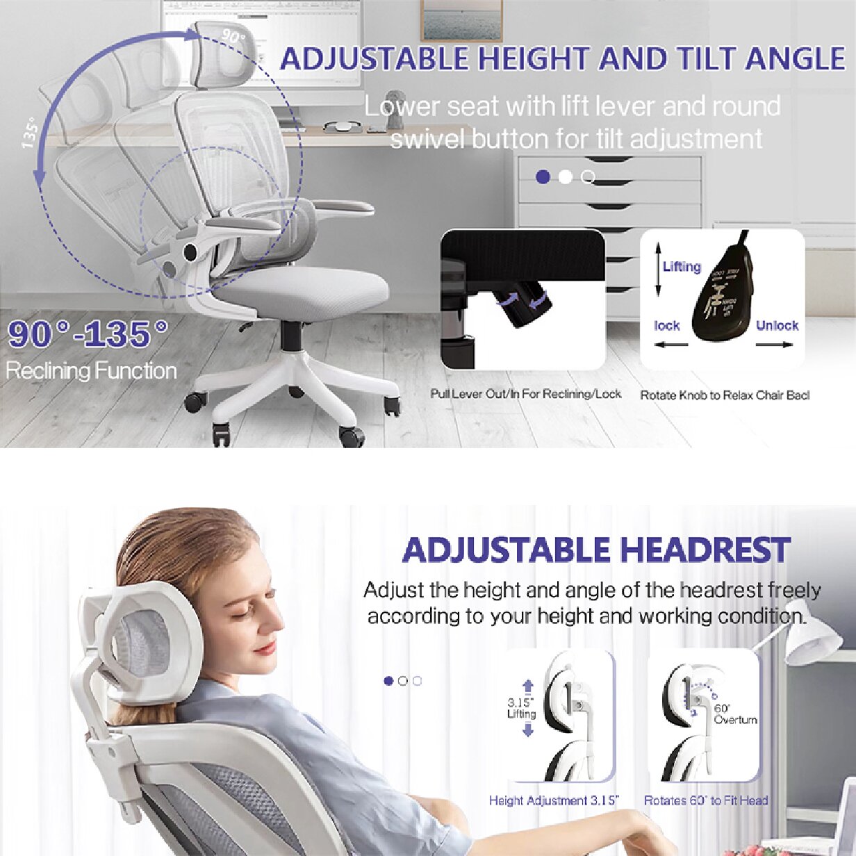 Ergonomic Office Chair Comfort Home Desk Chair Adjustable High Back Mesh Chair Lumbar Support Computer Chair with Flip-Up Arms