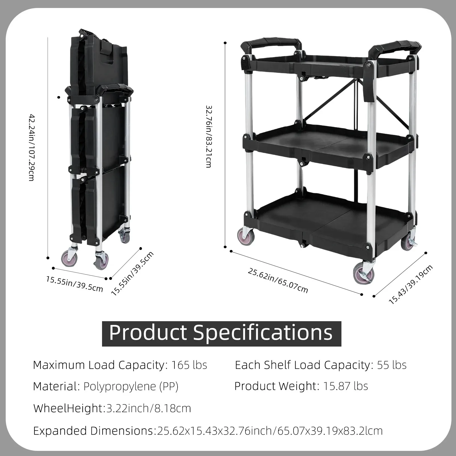 Foldable Service Carts with Wheels 3 Tier Portable Utility Rolling Tool Garage Cart Collapsible Storage Cart