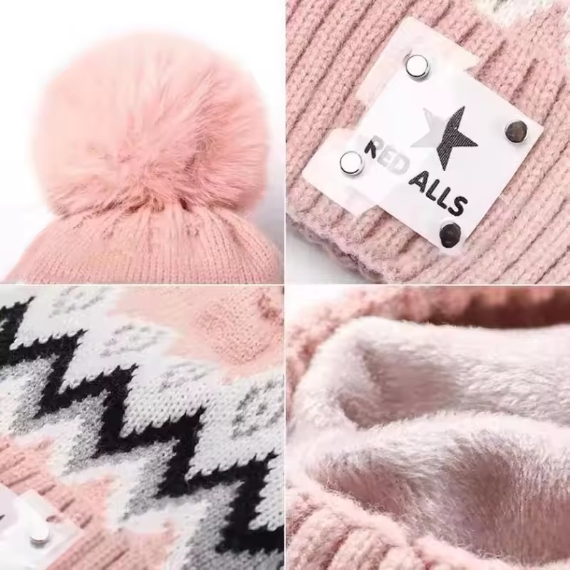2pcs Winter Cashmere Lined Warm Neck Hat Combination Portable Windproof Ear Protection Hat Knit Printed Versatile Set Accessory