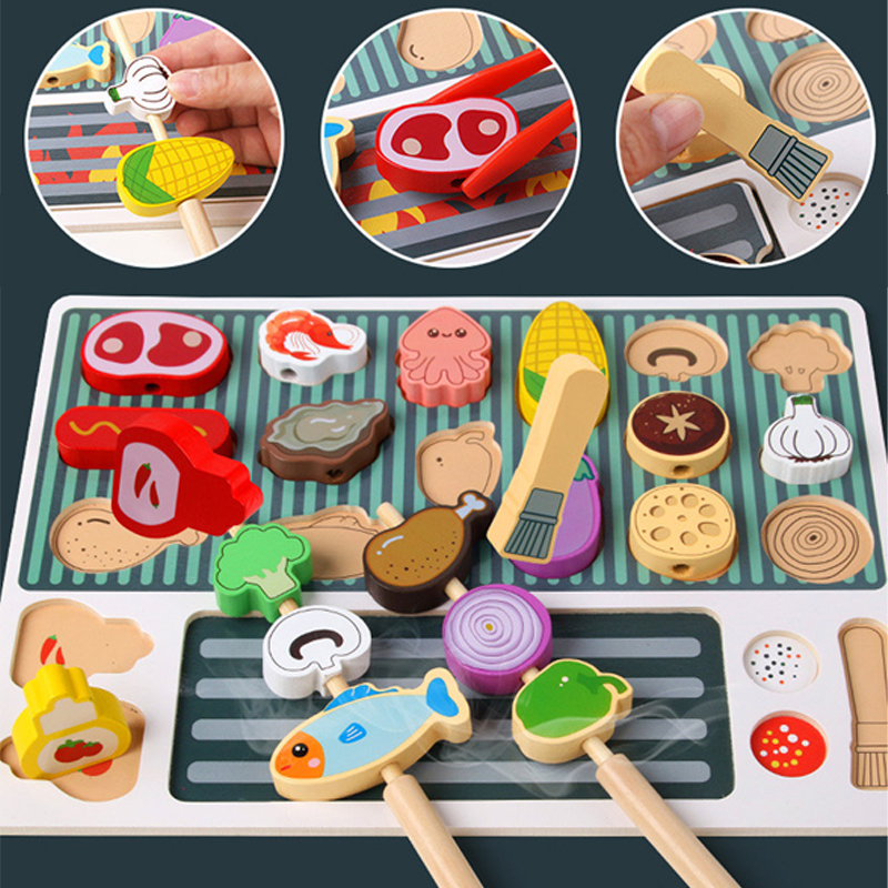 Ensemble de jouets de barbecue en bois, expérience de cuisson Montessori, nourriture de Simulation de Barbecue, jouets de maison de jeu en bois, cadeau pour enfants