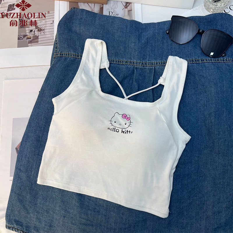 Sanrio Modekleidung Hello Kitty Top mit Brustpolster Süßes Mädchen Sommer Cool Cut Top Weiß Sexy Hosenträger Mädchen Geburtstagsgeschenk