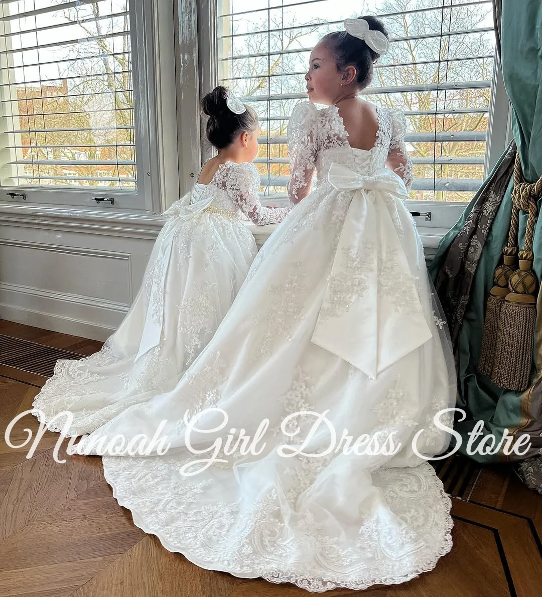 Vestidos blancos de flores para niña, apliques de encaje con lazo para boda, longitud hasta el suelo, vestidos de fiesta de cumpleaños y comunión personalizados