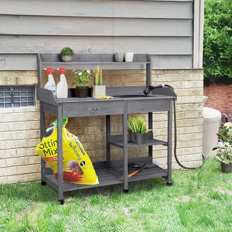 Outdoor Potting Bench Garden Workstation for Horticulture with Drawer, Adjustable Shelf, Removable Sink, Hooks & Pads