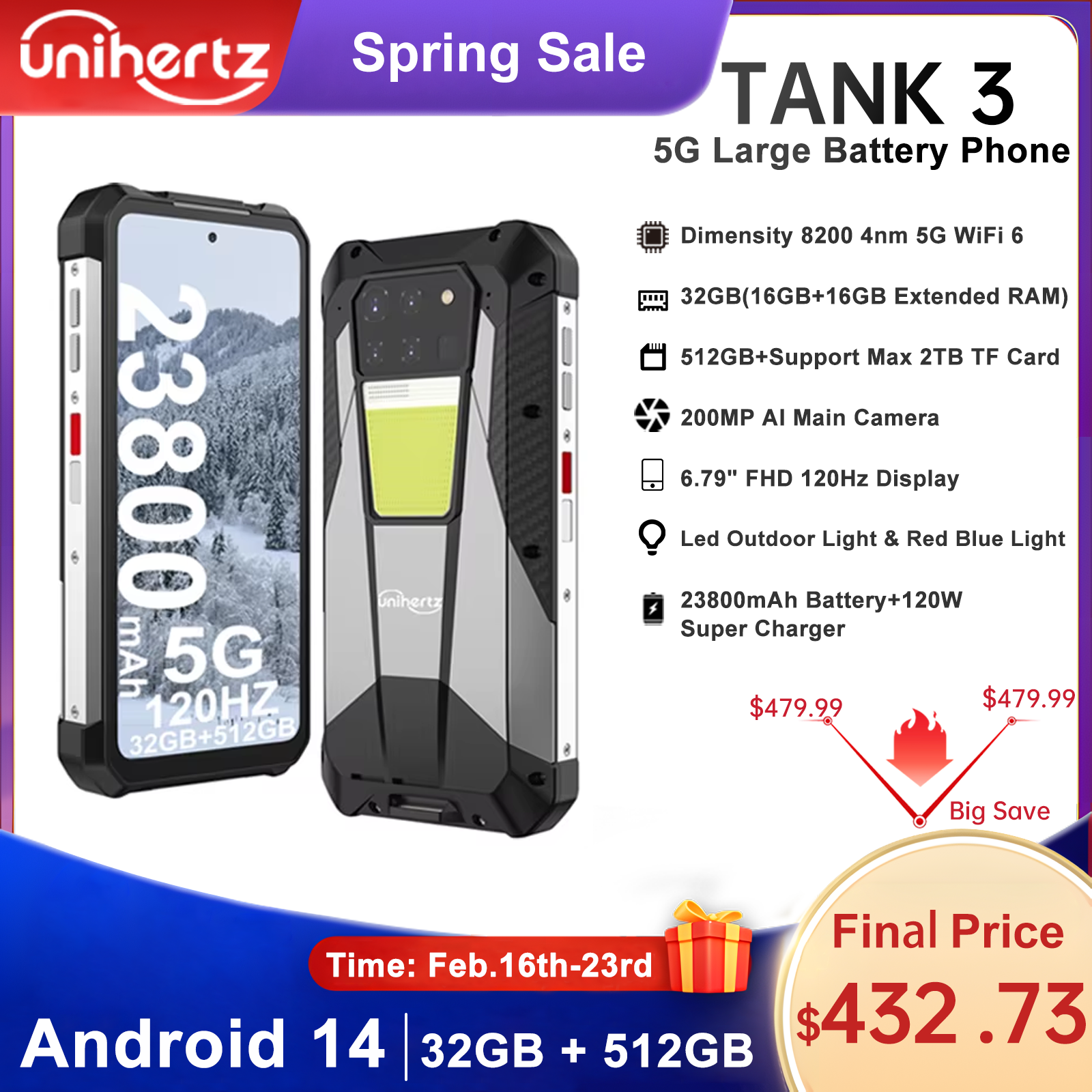 Unihertz 8849 Tank 3 Smartphone resistente Android 14 23800mAh 5G teléfono celular al aire libre desbloqueado 32GB + 512GB teléfono dimensión 8200 CPU