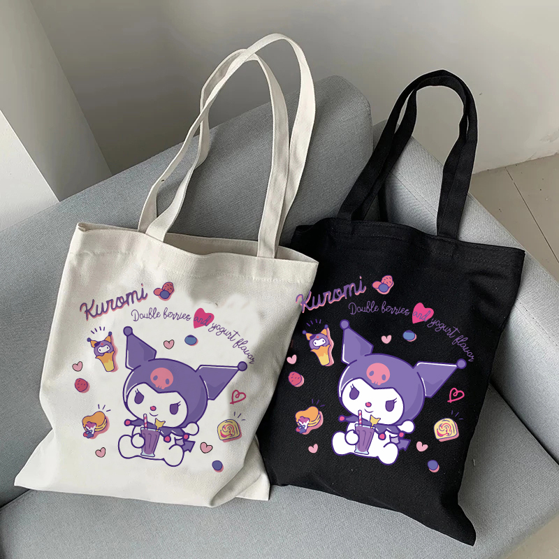 Kawaii Harajuku Kuromi Tote Bag Shopper Canvas Shoulder Bag Eco Sanrio Casual Shopping Bag Women Tote Female