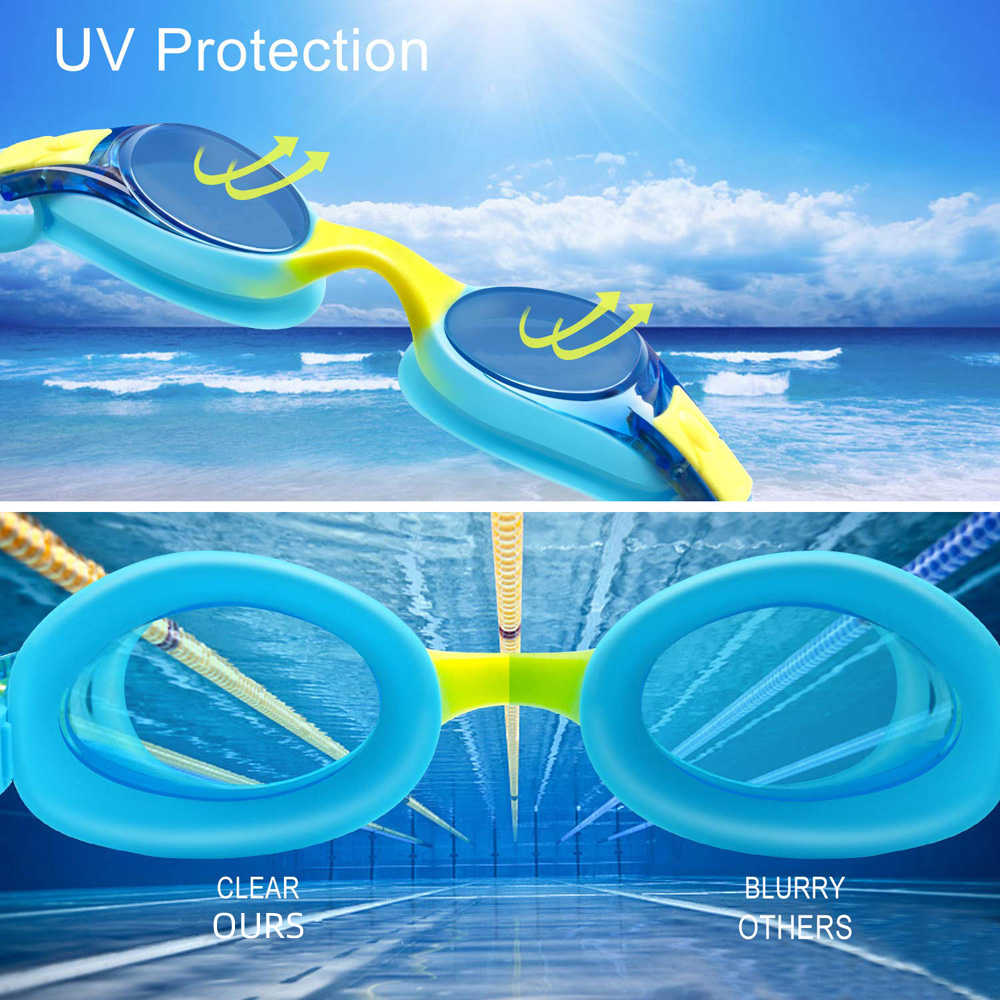 แว่นตาว่ายน้ําสําหรับเด็กอายุ 3-14 ปี Anti-FOG ป้องกันรังสียูวี 100% CLEAR Vision ไม่รั่ว Quick ปรับสายรัด