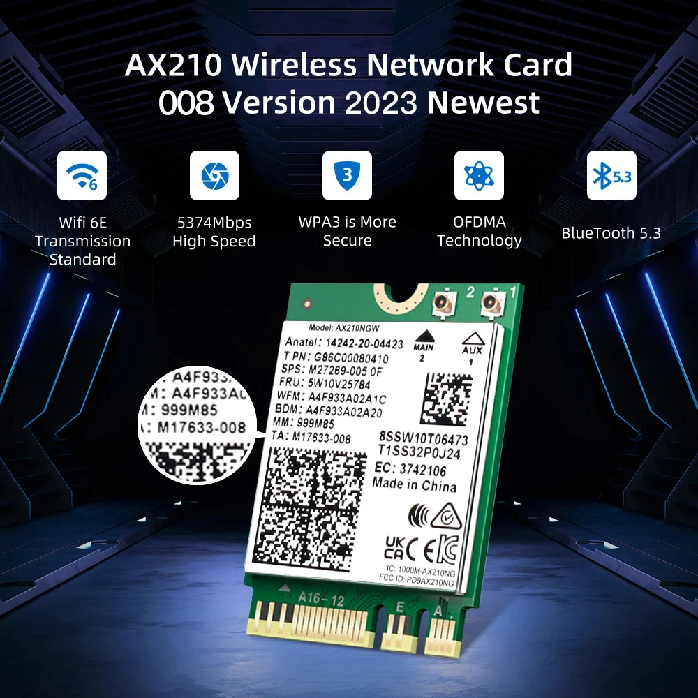 WiFi 6E AX210 Wireless Card 5374Mbps BT5.3 Tri-Band 2.4GHz/5GHz/6GHz 802.11ax High-Speed Network Adapter AX210NGW Fow Win10/11