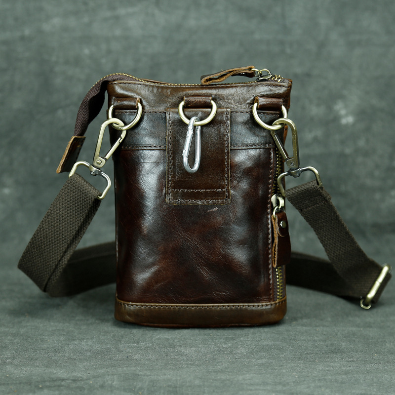 クレイジーホースレザーファニーウエストバッグ、フック付き屋外携帯電話スリングバッグ、着用ベルト、クロスボディバッグ、高級レトロ、7インチ