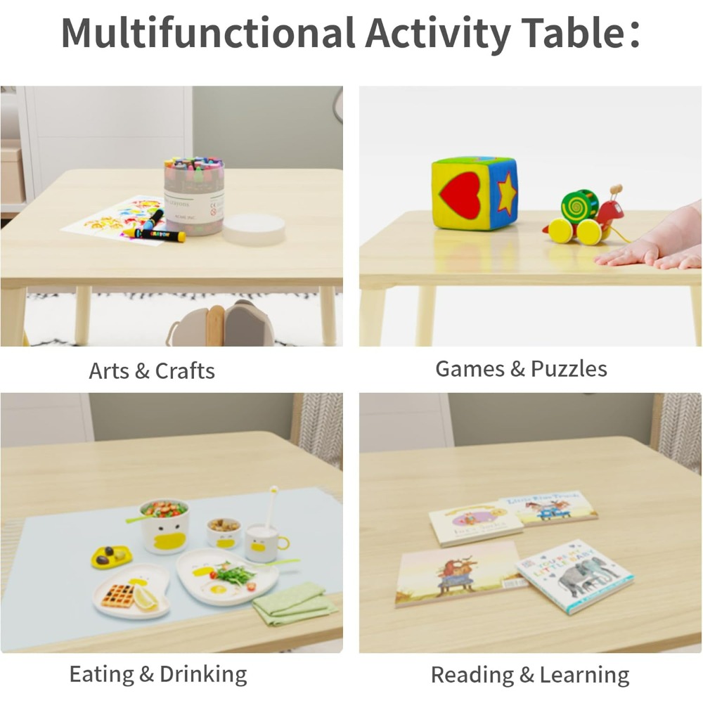 Kids Table and Chair Set, Wooden Toddler Table Set with 2 Chairs, Children Adorably Animal Activity Table for Reading, Drawing