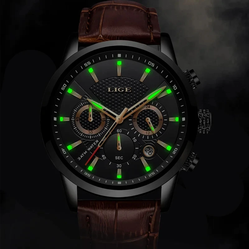 LIGE hommes montres de luxe étanche militaire Sport homme montre chronographe en cuir véritable hommes Quartz montre-bracelet Relogio Masculino