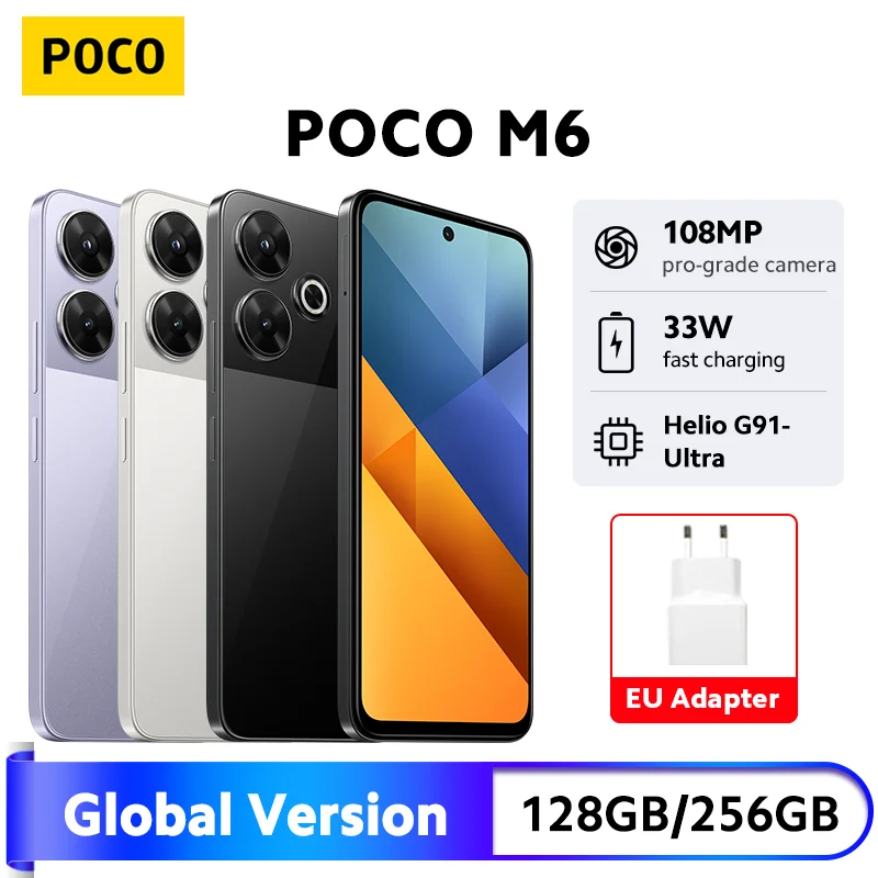 POCO M6 Smartphone versión Global Helio G91 Ultra 108MP cámara principal 33W carga rápida 5030mAh batería 6,79 "90Hz pantalla NFC