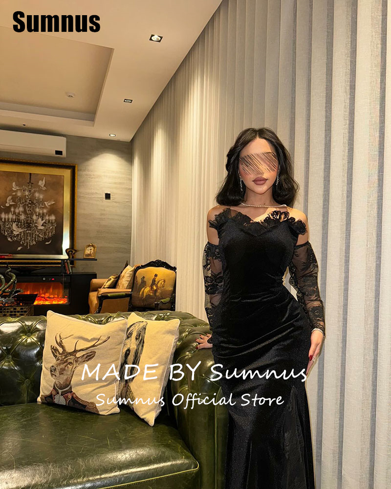 Sumnus Elegant Mermaid สีดํา Velour พรหม Sweetheart ชุดราตรียาวลูกไม้ FBساتة ที่กําหนดเอง